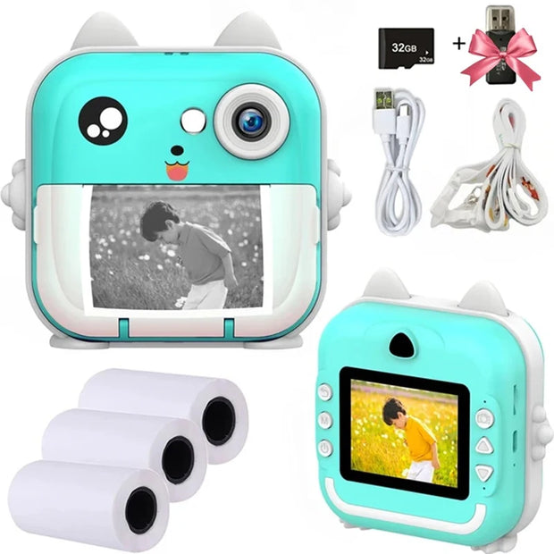 Children Digital Camera 1080P HD for Kids Thermal Print Camera Instant Print Photo Video Educational Gift With 32G Memory Card