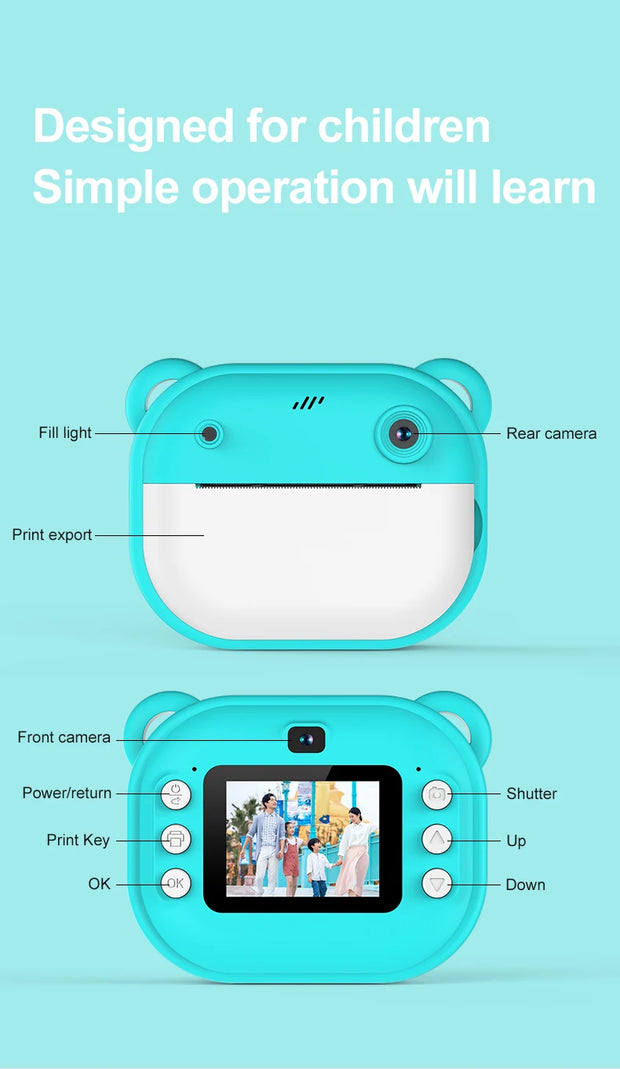 Children Digital Camera 1080P HD for Kids Thermal Print Camera Instant Print Photo Video Educational Gift With 32G Memory Card