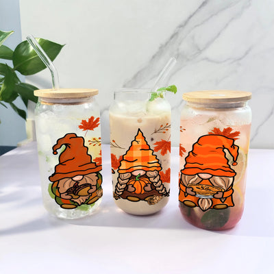 1pc Thanksgiving Gnome 3d Pattern Glass Can Coffee Cup