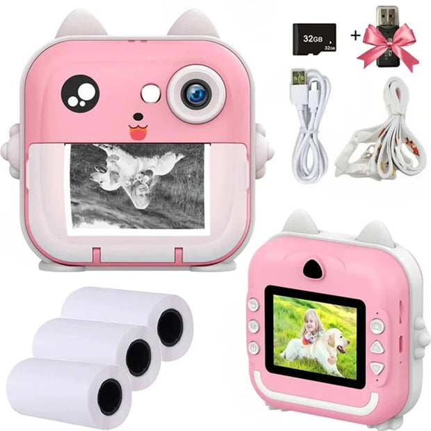 Children Digital Camera 1080P HD for Kids Thermal Print Camera Instant Print Photo Video Educational Gift With 32G Memory Card