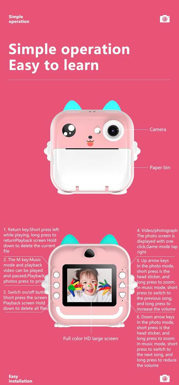 Children Digital Camera 1080P HD for Kids Thermal Print Camera Instant Print Photo Video Educational Gift With 32G Memory Card