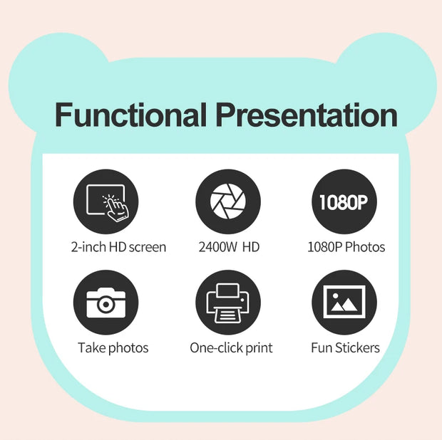 Children Digital Camera 1080P HD for Kids Thermal Print Camera Instant Print Photo Video Educational Gift With 32G Memory Card