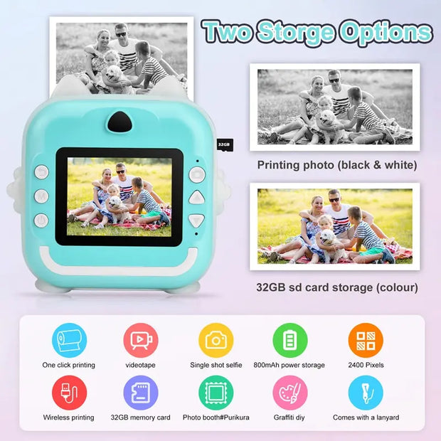 Children Digital Camera 1080P HD for Kids Thermal Print Camera Instant Print Photo Video Educational Gift With 32G Memory Card